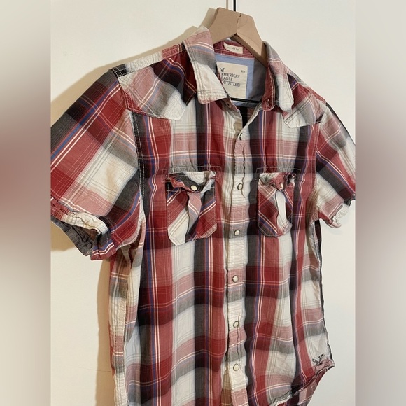 American Eagle Vintage Fit Short Sleeve Shirt Sz Medium Plaid Western Pearl Snap - Picture 9 of 9